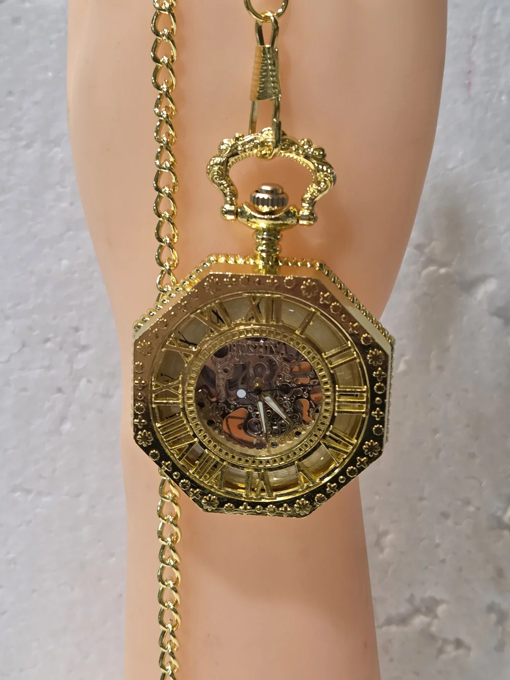 HEXAGONAL MECHANICAL POCJET WATCHROMAN DIAL SKELETON GOLD STEMPUNK FOB CHAIN